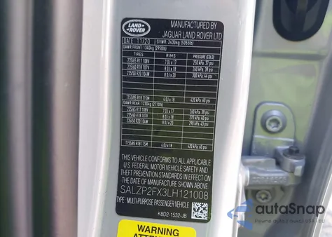 2020 Land Rover Range Rover Evoque Se z USA, uszkodzony, nr VIN SALZP2FX3LH121008